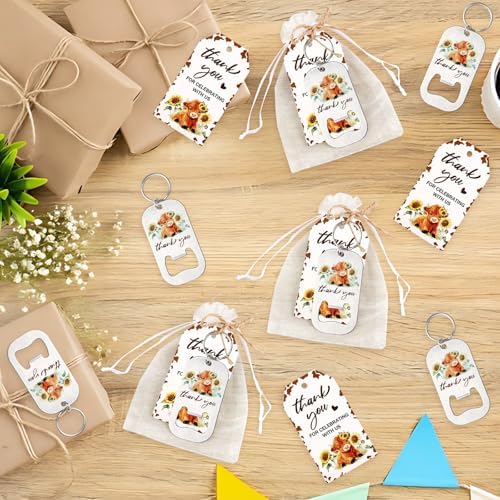 24 Sets Highland Cow Bottle Openers Baby Shower Favors, Boho Floral Highland Cattle Bottle Openers Keychains Thank You Tags Organza Bags for Holy Cow Farm Animals Party Decor Guest Gifts - Image 4