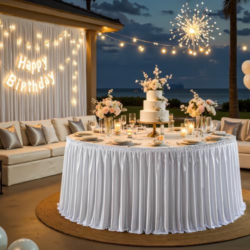 Wish Care 14ft Silver Satin Table Skirt for Rectangle Tables Wrinkle Free Teacher Desk Skirt Glitter Ruffle Table Skirting Cloth for Back to School Classroom Office Dorm Birthday Party Table Decor - Image 6