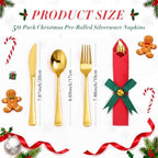 50 Set Christmas Red and Green Pre Rolled Silverware Gold Plastic Cutlery with Napkins Disposable Utensils with Bell Bow for Xmas Holiday Dinner Party Decorations - Image 2