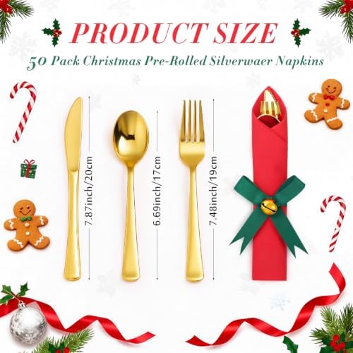 50 Set Christmas Red and Green Pre Rolled Silverware Gold Plastic Cutlery with Napkins Disposable Utensils with Bell Bow for Xmas Holiday Dinner Party Decorations - Image 2