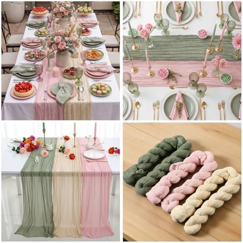 6pcs Sage Green & Pink Cheesecloth Table Runners 118" Boho Gauze - Image 6