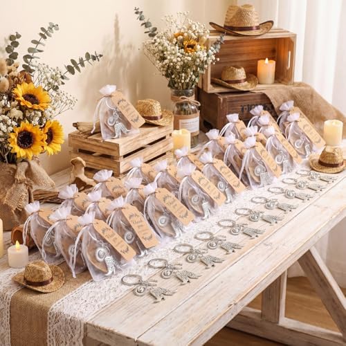 Huquary 50 Set Cowboy Western Party Favors Cowboy Western Keychain Hat Boot Horse Shoe Keyring with Organza Bags Thank You Tags and Rope for Guests Party Favor Supplies (Classic Style) - Image 5