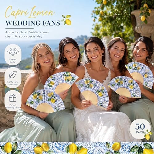 Vercraft 50 Sets Lemon Folding Hand Fans with Organza Bags Bulk, Wedding Favors for 50 Guests, Capri Mediterranean Paper Fans Bulk, Bridal Shower Party Favors Bridesmaid Gifts Summer Outdoor Decor - Image 5
