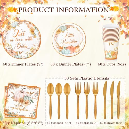 Ziliny 350 Pcs Fall Baby Shower Party Supplies Fall in Love with Baby Paper Plates Napkins Cups and Plastic Cutlery Party Tableware Set for Autumn Shower Birthday Decorations, Serves 50 - Image 2