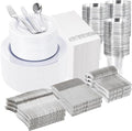 WELLIFE 700 Pieces Silver Plastic Dinnerware Set for 100 Guests - Includes Plates, Cups, Napkins, and Disposable Cutlery - Elegant White & Silver Design, Perfect for Parties and Events by WELLIFE