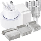 WELLIFE 700 Pieces Silver Plastic Dinnerware Set for 100 Guests - Includes Plates, Cups, Napkins, and Disposable Cutlery - Elegant White & Silver Design, Perfect for Parties and Events by WELLIFE