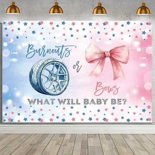 MEHOFOND 8x6ft Burnouts or Bows Gender Reveal Backdrop Boy or Girl What Will Baby Be Photography Background Pink and Blue Stars Gender Reveal Baby Shower Party Decorations Banner Photo Booth Props by MEHOFOND