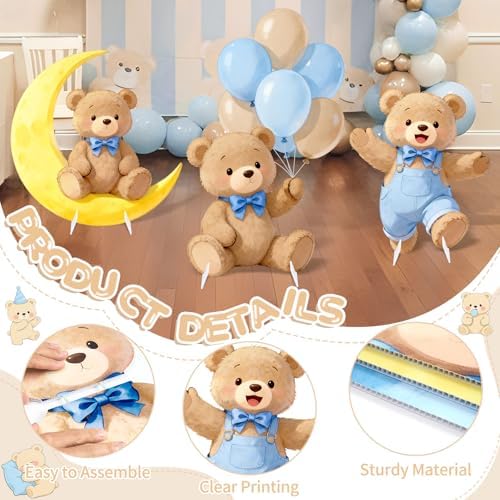 3Pcs Blue Bear Baby Shower Decorations, Large Moon Bear Cardboard Cutout Standup with Yard Stakes & Stands for Boy Bear Birthday Indoor Outdoor Photo Booth Props Cartoon Party Supplies - Image 5