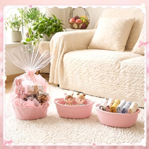 OBreezify 20 Sets Small Pink Woven Gift Basket with Handle, 12"x 8"x 5" Gift Baskets with Bags Pull Bows and Tissue Paper, Empty to Fill with Present Small Items for Baby Shower Nursery Storage - Image 6