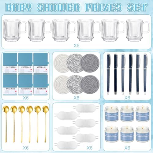 Ctosree 6 Set/48 Pcs Blue Baby Shower Game Prizes for Winners Gift Set Include Notebook Pen Ceramic Mug Spoon Coaster Scented Candle Eye Mask Gift Box for Wedding Bridal Baby Shower Favor for Guest - Image 2