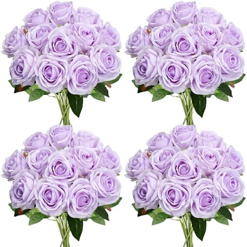 48 PCS Lilac Roses Artificial Flowers, Silk by DIYDOFUN