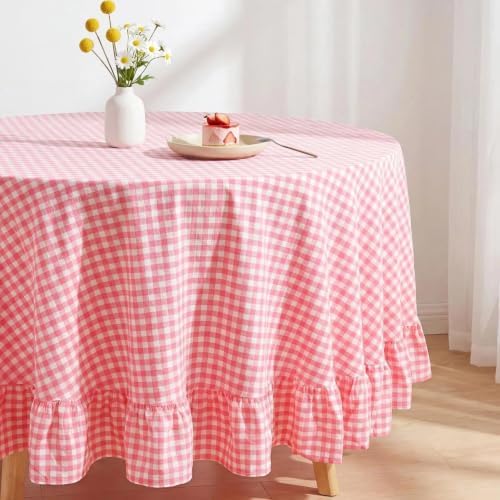 Eternal Beauty Gingham Ruffled Tablecloth Pink White 70 Round Farmhouse - Image 4