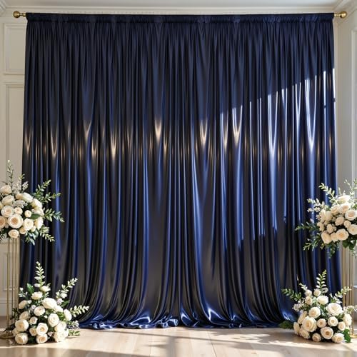 Navy Blue Satin Backdrop Curtains 2 Panels - Glitter Photo Drapes for Baby Shower, 10x10FT Shimmer Back Drop Cloth, Wrinkle Free for Birthday Party Prom Wedding Stage Background by WishCare