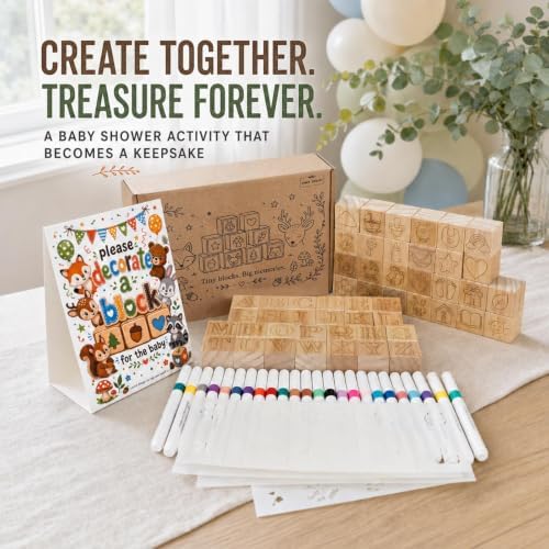 Baby Shower Games, 117-Piece Baby Blocks for Baby Shower with 52 Wooden ABC Blocks to Decorate, 24 Acrylic Markers, 40 Stencils and Game Sign, Woodland Gender Reveal Game for Boy or Girl - Image 6