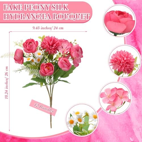 Tigeen 12 Bundles Peonies Artificial Flowers Faux Roses, Rose Pink - Image 2