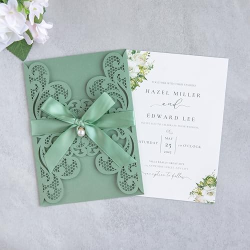 20Pcs Sage Green Laser Cut Wedding Invitation Cards With Envelopes - Image 3