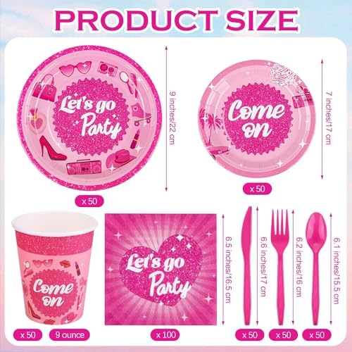 Kochorie 400 Pieces Let's Go Girls Party Tableware Sets Including Disposable Paper Plates Cups Napkins Cutlery Serves 50 for Birthday Disco Pink Cowgirl Bachelorette Party Decorations - Image 2