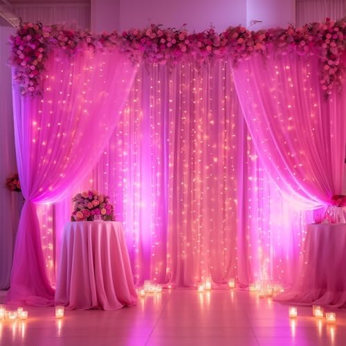 30×10ft Hot Pink Tulle Backdrop Curtain with Lights String for Parties, Sheer Photo Backdrop Curtains for Wedding Bridal Shower Party Photography Background - Image 2