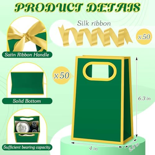 AmazingSpark 50 Pcs Green Gold Mini Gift Bags Bulk 6.3 x 3.9 x 2.8 Inch Party Favors Elegant Small Gift Bags with Handles and Ribbon Bows for Wedding Birthday Bridal Baby Shower Party Favors - Image 2