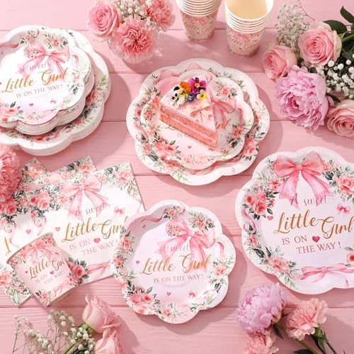 Newtay 250 Pcs a Sweet Little Girl Is on The Way Baby Shower Plates Napkins - Image 3
