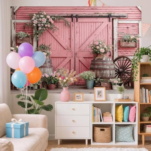9x6ft Country Wedding Photography Backdrop Rustic Barn Door Photography Backdrop Farmhouse Pink Flower Cabin Wooden Birthday Baby Shower Wedding Bridal Party Banner Photo Booth Props Background - Image 3