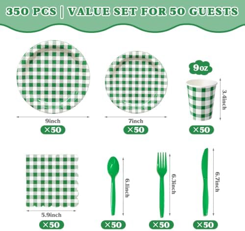Vyntra 350-Pc Green Gingham Paper Plates and Napkins Party Supplies - Image 3