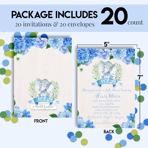 Elegant Blue Watercolor Dahlia Elephant Theme for Boy Baby Shower 20 Custom Invitations 5"x7" Personalized Fill-In Cards with Envelopes, Baby Shower Stationery Set, Made in USA by Amanda Creation - Image 4