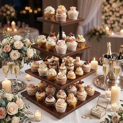 4-Tier Wooden Cupcake Stand, Rotating Cupcake Tower for 50 Cupcakes, Square Dessert Display Stand for Wedding Birthday Baby Shower Graduation Christmas Halloween Party - Image 4
