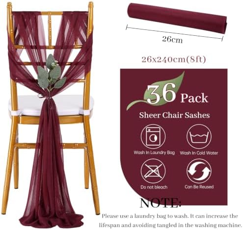 QueenDream Burgundy Chair Sashes Wedding: 36 Pieces Long Sheer Wedding Aisle Chair Decorations Tulle Chairs Covers with Artificial Eucalyptus - Image 7