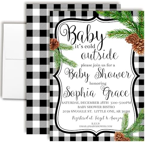 Amanda Creation Custom Baby Shower Invites Buffalo Plaid Pinecone Baby Shower Invitation 20 5x7 Personalized Pinecone Buffalo Plaid Invites With Envelopes by AmandaCreation