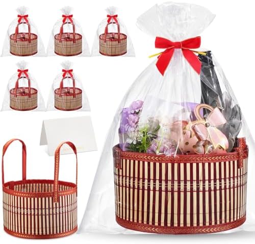 Weysat 6 Set Baskets for Gifts Empty Bulk, Large Woven Bamboo Gift Basket Kit with Handles, Bow, Wrap Bag to Fill for Raffle Thanksgiving Day Wedding Birthdays Party Wrapping (Red) by Weysat