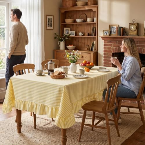 Eternal Beauty Striped Ruffled Tablecloth 60x102 Inch Yellow White - Image 5