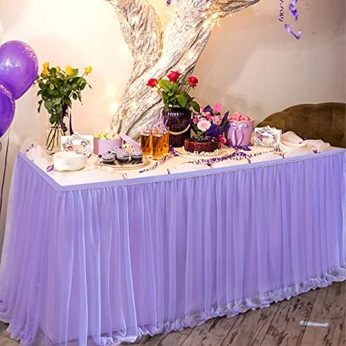 167in Lavender Tulle Table Skirts for Rectangle Tables 6/8ft, 2-Layer Gold Grim Lilac Purple Ruffle Tulle Tutu Cloth Table Skirt 14ft for Mermaid Birthday Party Baby Shower Dessert(No Table Cover) - Image 4