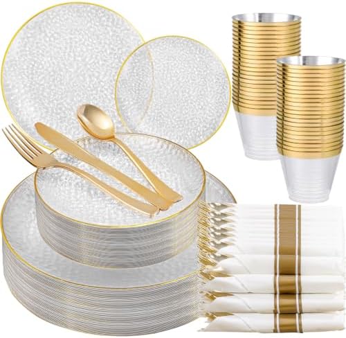 175PCS Clear Plastic Plates for 25 Guests, Disposable Plates for Party, Heavy Duty Disposable Plate Set Include: 25 Dinner Plates, 25 Dessert Plates, 25 Cups and Cutlery for Wedding & Party by Sykomo