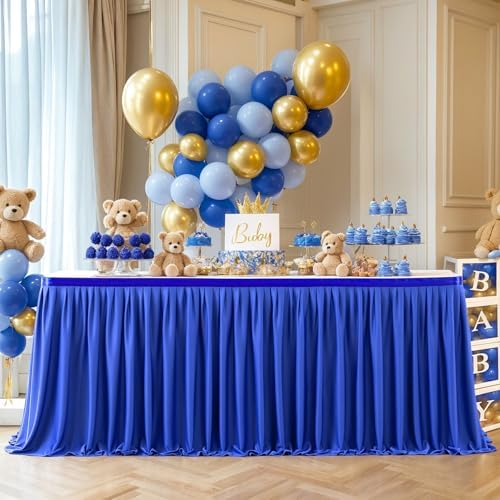 Partisky Royal Blue Polyester Table Skirt for Rectangle Tables 14ft, Wrinkle Resistant Pleated Ruffle Table Cloth for Banquet Wedding Trade Baby Shower Display Gift Dining Table - Image 2