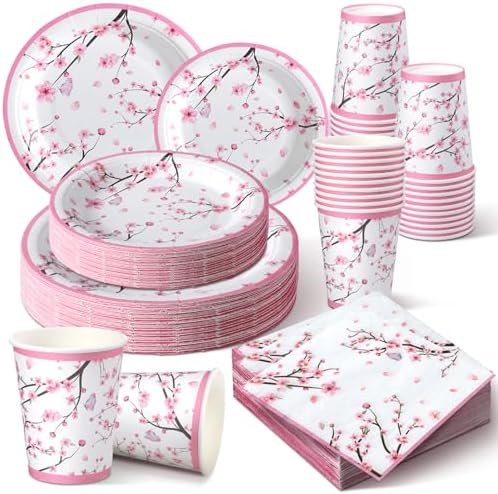 Hsei 250 Pcs Cherry Blossom Plates Napkins Cups Party Set Serves 50 by Hsei