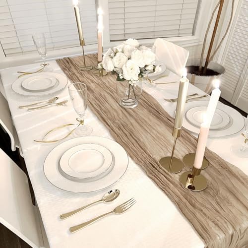 12 Pack Nude Cheesecloth Table Runner 35x120 Inch, Boho Light Brown Cheese Cloth Table Runner Long Tan Gauze Runner for Wedding Party Bridal Baby Shower Holiday Table Decor - Image 2