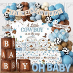 Cowboy Baby Shower Decorations for Boy, All-in-1 Retro Western Baby Shower Decorations with Balloon Arch Baby Boxes Plates Napkins Cake Toppers Tablecloth Backdrop Banner for Cowboy Rodeo Baby Shower by Juweked