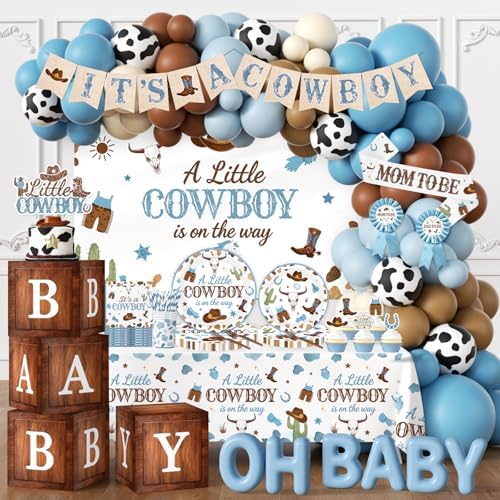 Cowboy Baby Shower Decorations for Boy, All-in-1 Retro Western Baby Shower Decorations with Balloon Arch Baby Boxes Plates Napkins Cake Toppers Tablecloth Backdrop Banner for Cowboy Rodeo Baby Shower by Juweked
