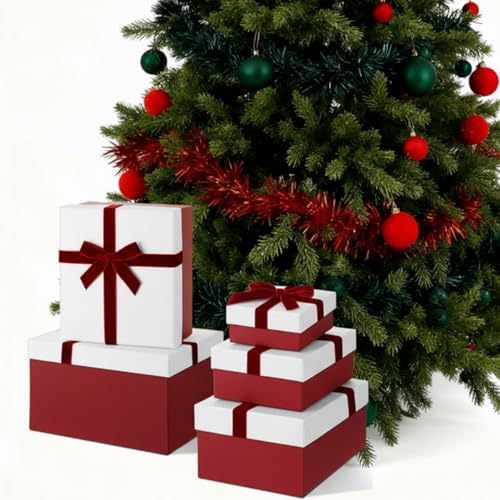 Cholemy 5 Pcs Christmas Nesting Gift Box with Lid Velvet Ribbon, Wine Red - Image 4