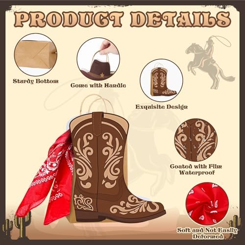 Tinlade 24 Sets Western Cowboy Boots Gift Paper Bags with Paisley Bandanas Western Party Decorations Wild West Kraft Gift Bag Rodeo Cowgirl Boot Hat Goodie Bag for Bachelorette Last Rodeo Party - Image 3