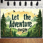 Rustic Hand Drawn Let The Adventure Begin Backdrop Sunset Mountain Pine Tree Forest Photo Background Open Book Birds Adventure Themed Boys 1st Birthday Camping Party Photography Booth Banner，B：9X6FT - Image 5