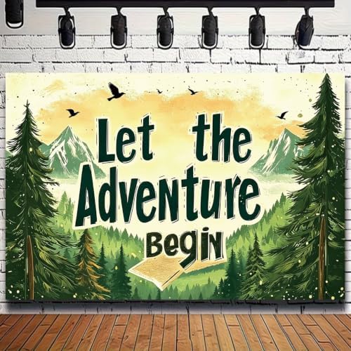 Rustic Hand Drawn Let The Adventure Begin Backdrop Sunset Mountain Pine Tree Forest Photo Background Open Book Birds Adventure Themed Boys 1st Birthday Camping Party Photography Booth Banner，B：9X6FT - Image 5