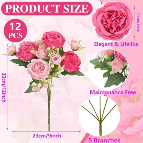 Peonies Artificial Flowers Bouquet, Lifelike Silk Fake Peonies with Stems for Home Table Centerpieces, Wedding, Party & DIY Bridal Floral Arrangements (12, Rose red + Pink) - Image 3