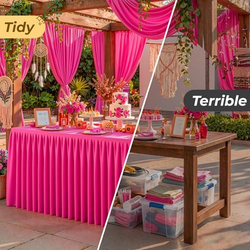 Hot Pink Polyester Table Cloths for Rectangle 4 Foot Tables, 2 Pack Wrinkle Free Tablecloths Stretchy Banquet Ruffle Fitted Table Cover Desk Skirt for Parties Wedding Birthday Baby Shower - Image 6