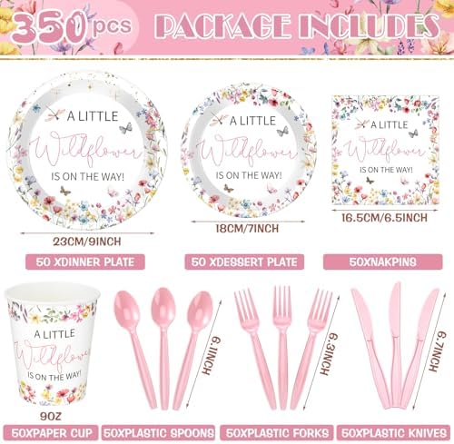 Dandat 350 Pcs Baby Shower Set, Wildflower, Pink - Image 4
