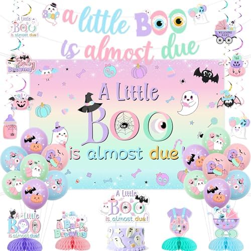 Pastel Halloween Baby Shower Decorations A Little Boo Is Almost Due Backdrop Banner Cake Topper A Baby Is Brewing Spooky Honeycomb Centerpiece Halloween Hanging Swirls Balloons for Pregnancy by Kreatwow
