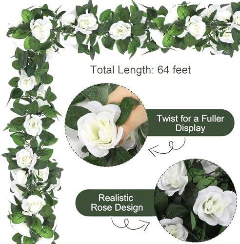 Aneco 8 Pack 64 FT White Flower Artificial Rose Vines Roses Fake Vine Flowers Plants Party Supplies for Holiday Wedding Garden Craft Art Decoration - Image 3