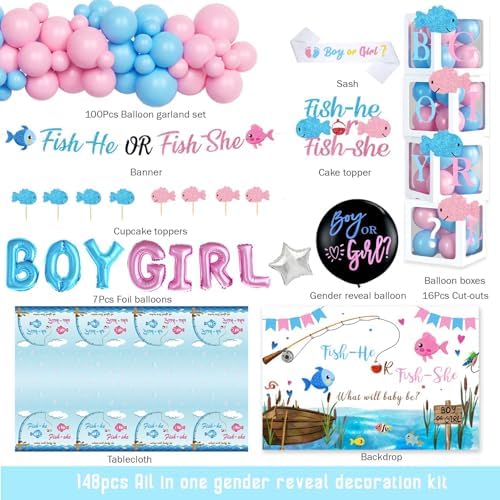 Fishing Gender Reveal Decorations, Baby Boy or Girl Gender Reveal Party Decor, Fish She or Fish He Backdrop Balloon Banner Tablecloth Box Sash for Gone Fishing Baby Shower Supplies - Image 2