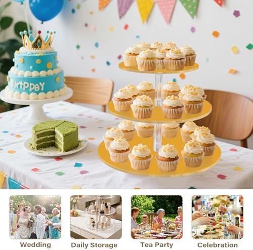 J JOYSAY Yellow Orange Print Acrylic Cupcake Stand 3 Tier Dessert Table Display Set Clear Cake Stands for Party Wedding Baby Shower Decorations Easy Assembly Macaron Tower - Image 7